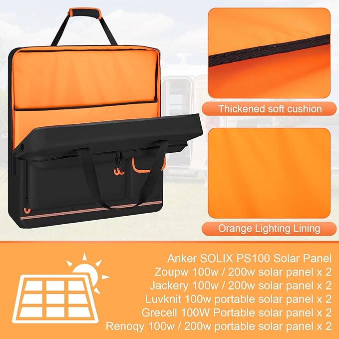 Solar Panel Storage Bag with Orange Lining, Deepened Opening, Zipper with Pull and Multi-Accessory Space Solar Panel Travel Carrying Case Fit for Jackery SolarSaga 100W 100X 200W, Black