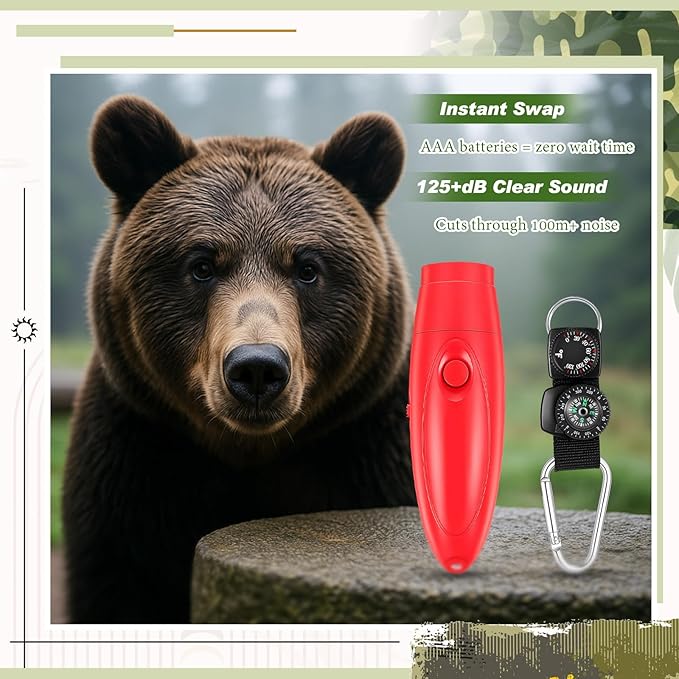 2 Set 125dB Electronic bear horn with Compass & Thermometer for hiking Loud Air Horn to Scare Bears Self Defense for Hiking Outdoor Emergency Camping Protection (4.57×1.14 Inch,Red)