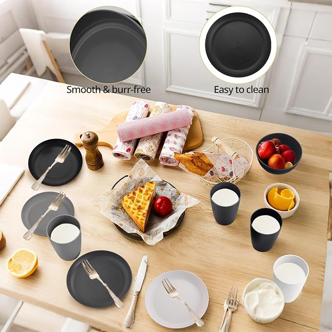Plastic Camping Plates and Bowls Set, 12pcs Unbreakable Camping Dinner Set for 4, Reusable, Microwave & Dishwasher Safe Dinner Set, for Kitchen Outdoor Travel Picnic