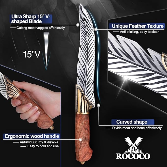 ROCOCO Feather Viking Knife Japanese Boning Knife with Sheath Outdoor Camping BBQ Collection Birthday Father Mother Christmas Gift Idea Men 6.5"