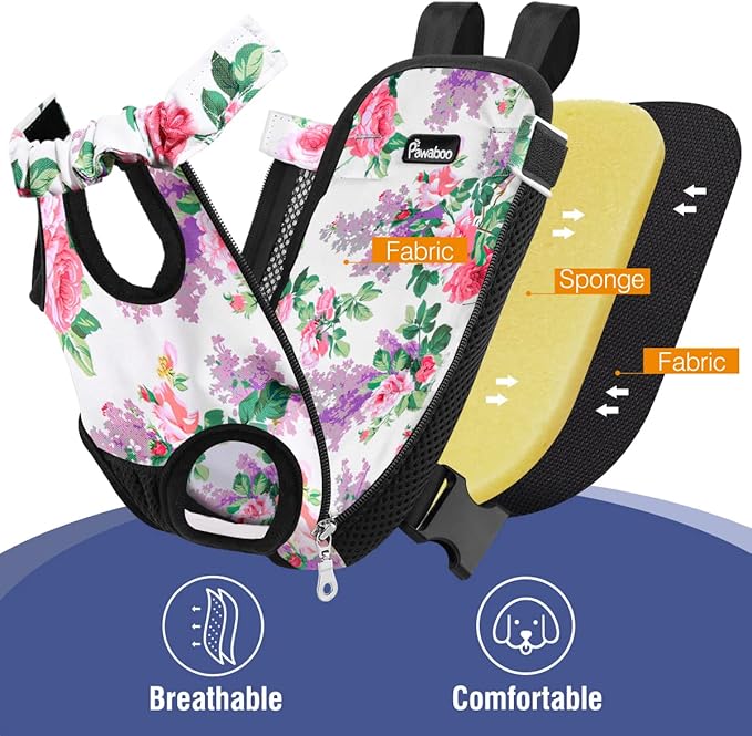 Pawaboo Pet Carrier Backpack, Adjustable Pet Front Cat Dog Carrier Backpack Travel Bag, Legs Out, Easy-Fit for Traveling Hiking Camping for Small Medium Dogs Cats Puppies, Medium, Flowers