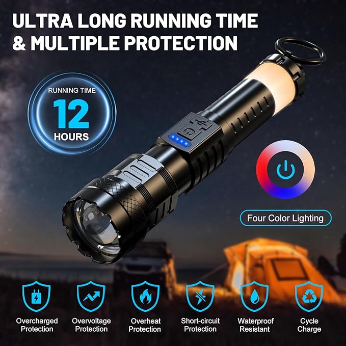 Rechargeable Flashlight High Lumens - 3000 Lumens Waterproof Police Flashlight, Zoomable Beam LED Flash Light with 8 Modes and SOS for Emergencies, Home, Camping, Hiking, Pet Walking(Black)