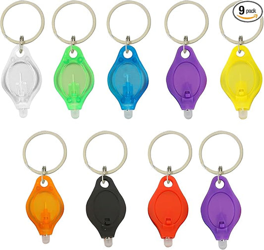 9PCS Mini Small LED Keychain Ring Flashlight, White Rows Ultra High Bright Tiny Micro UV Lighting Squeeze Penlight Button Bulk for Emergency, Name Tag Pocket Nurses Badge Reel Zipper, Multicolor Shell