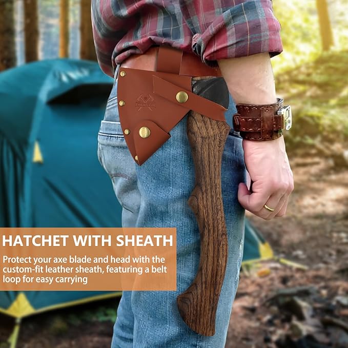 14.7" Hatchet, Camping Hatchets with 1065 Carbon Steel & Wooden Handle, Bushcraft Hatchet with Leather Sheath and Sharpener, Survival Axe for Wood Chopping, Cutting and Splitting