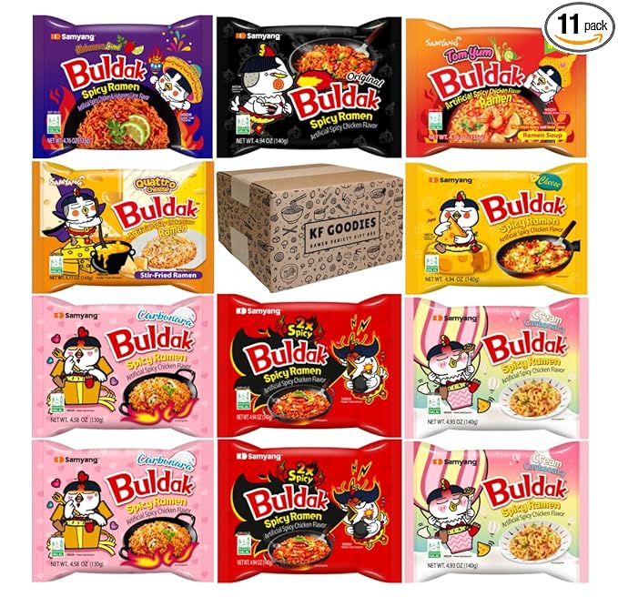 KF GOODIES Korean Ramen Variety Pack Gift Box (11 Count) – Spicy Buldak Noodle Assortment for Birthdays, College Care Packages, Office Snacks, and Gift Baskets