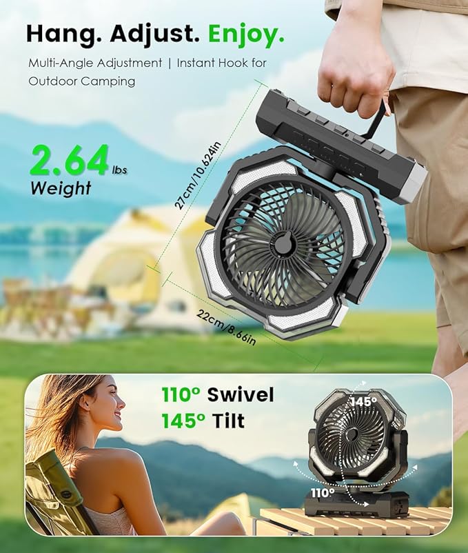 Camping Misting Fan - Portable Battery Powered Fans with 9oz Water Tank, Light, Hook - Rechargeable, 120H Cooling, Last 5H Mist, 4 Speed, Sleep Mode - Outdoor Fan, Travel Essentials