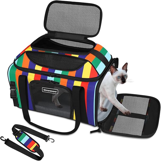 17x11x9.5 Inches Top-Expandable Pet Carrier Alaska Airline Approved, Soft Sided Carrier for Small Dog, Cat with 5-Sides Mesh Windows and Locking Safety Zippers(Rainbow)