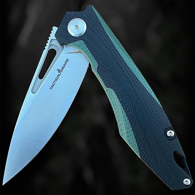 TACTICAL GEARZ Pocket Folding Knife for EDC, D2 Steel Blade, Dual Color G10 Handle, Includes Sheath (Kuma Green/Black)