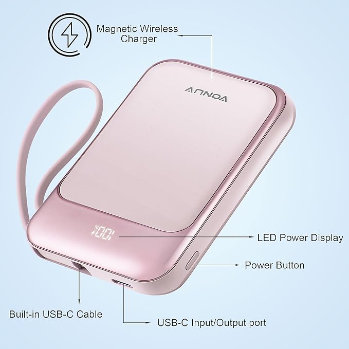 Magnetic Power Bank 10000mAh, Wireless Portable Charger with 15W Max Fast Charging & Built-in USB-C Cable, 22.5W PD LED Display Battery Pack Compatible with iPhone 16/15, Samsung Galaxy(Pink)