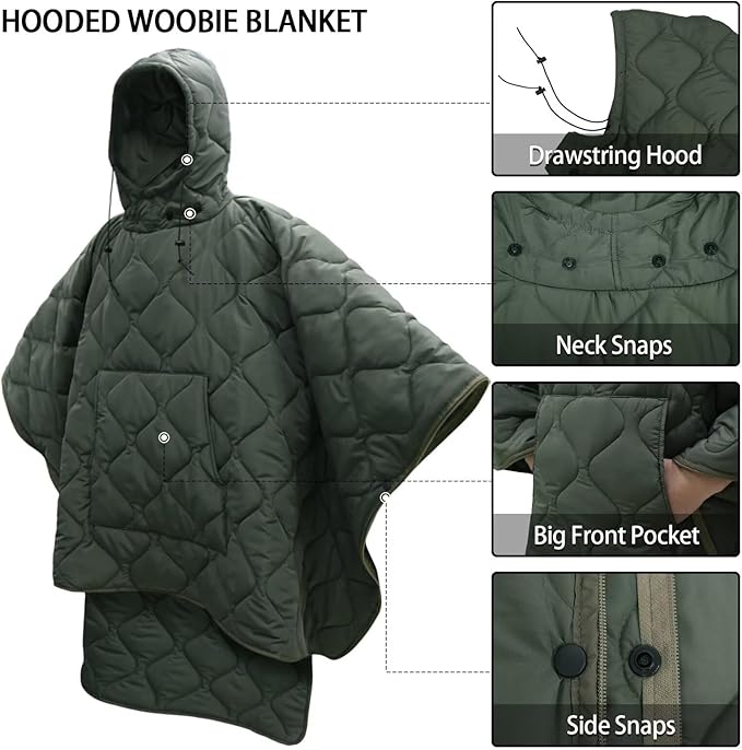 Poncho Liner Hoodie with Pocket Insulated Military Sleeping Bag Waterproof for Outdoor Camping Travel Survival Hunting Car Emergency