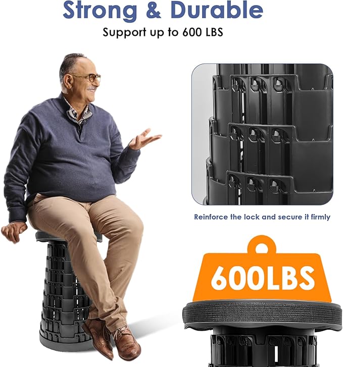 Upgraded Collapsible Stool, Portable Folding Stool, Lightweight Telescoping Retractable Stool with Max Load Capacity 600lbs, Foldable Seat Stools for Outdoor Camping Fishing Hiking Travel BBQ