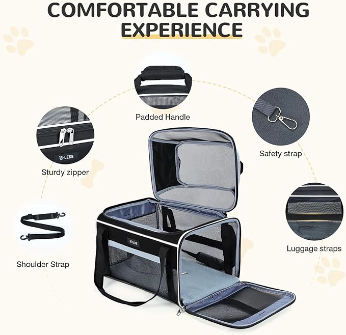 Lekereise Top-Expandable Pet Carrier - TSA Airline Approved Soft Sided Underseat Up to 15lbs Travel Carriers for Small Cats and Dogs with Locking Safety Zippers Anti-Scratch Mesh Black Large