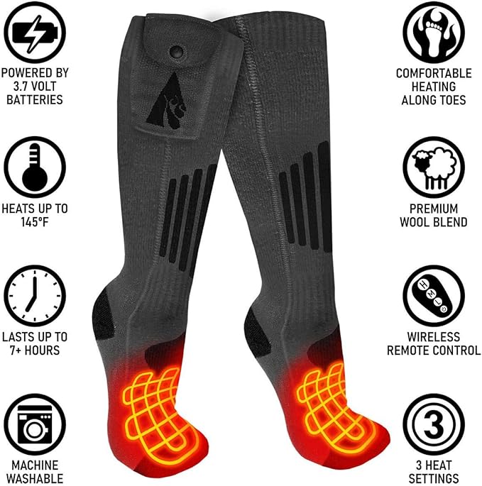 ActionHeat 3.7V Rechargeable Battery Heated Socks 2.0 with Remote Control ??Cotton and Wool Thermal Socks ??Electric Heating Socks for Cold Weather Outdoor Activities ??Grey/Black