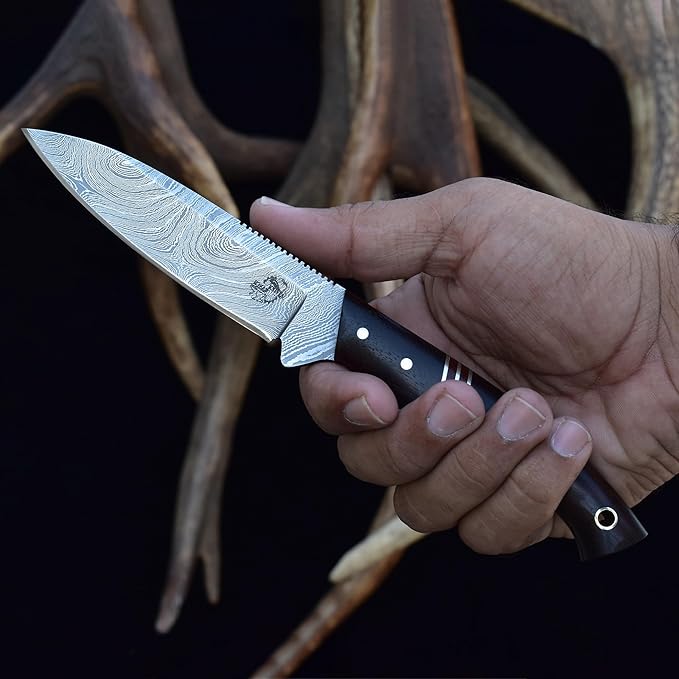 Knives Ranch Premium Hunting Knife - Handmade - 3/16" Full Tang Damascus Blade - Excellent Edge Retention - Rosewood Handle - Heavy-Duty Leather Sheath (3197-IRW)