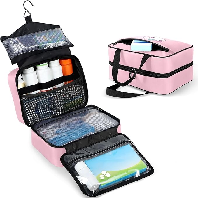 Fustylead Cute Cartoon Pink Unicorn Large Medicine Bag Travel Pill Bottle Organizer with Zipper, Empty First Aid Bag for Camping Hiking Outdoors