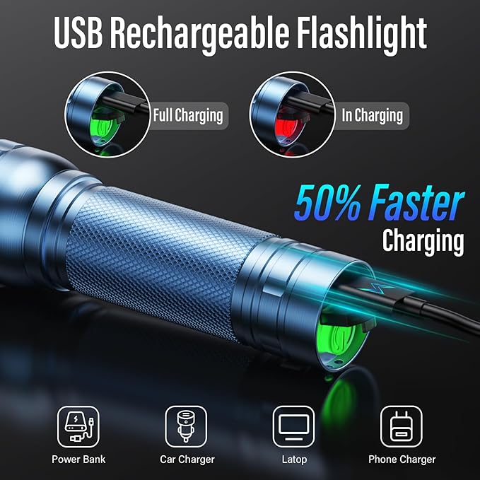 Rechargeable Flashlights High Lumens, G1000 Super Bright Flash Light, Small Zoomable LED Flashlight with 3 Lighting Modes, Portable Tactical Flashlight for Camping Essentials (Battery Included)-Blue