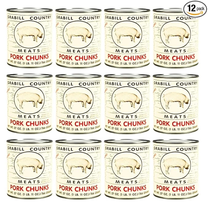 Grabill Country Meats Pork Chunks – 27 oz Cans, Pack of 12 | Fully Cooked & Ready to Eat | All-Natural Shelf-Stable Pork for Quick Meals, BBQ, Sandwiches, Camping & Long-Term Emergency Food Storage