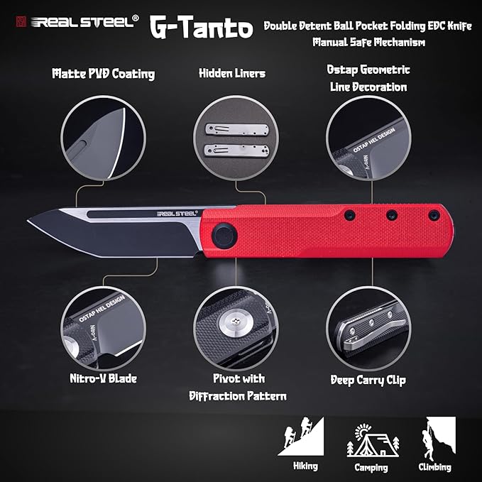 REALSTEEL G-Tanto Pocket Knife,Folding Knives,2.6" Nitro-V Blade,Double Detent Ball Slipjoint EDC,G10 Handle,2.2oz,Clip,Gift for Men Women Outdoor Indoor Daily Use Camping Hiking(Red Black)