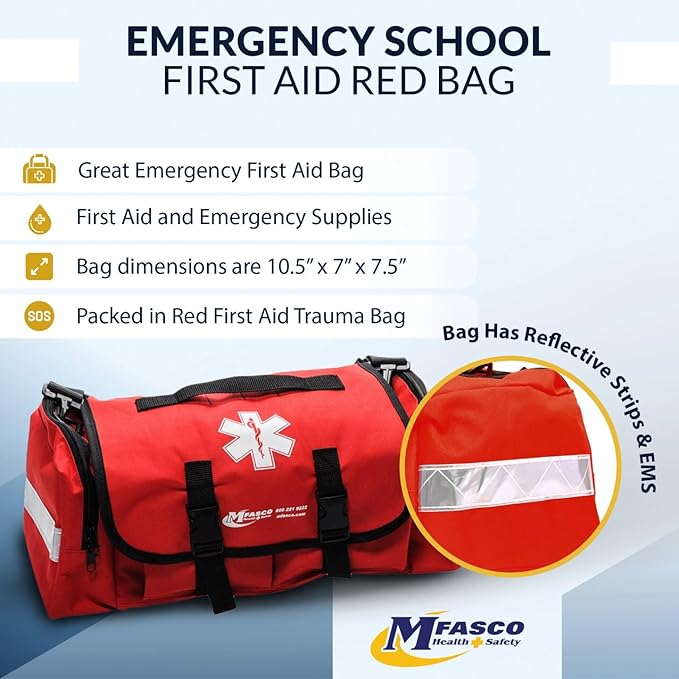 MFASCO Comprehensive School Classroom First Aid Kit - Red First Aid Trauma Bag - Emergency Bag with 200+ Supplies for First Responder - Economical for Schools & Groups - 10.5 x 7 x 7.5