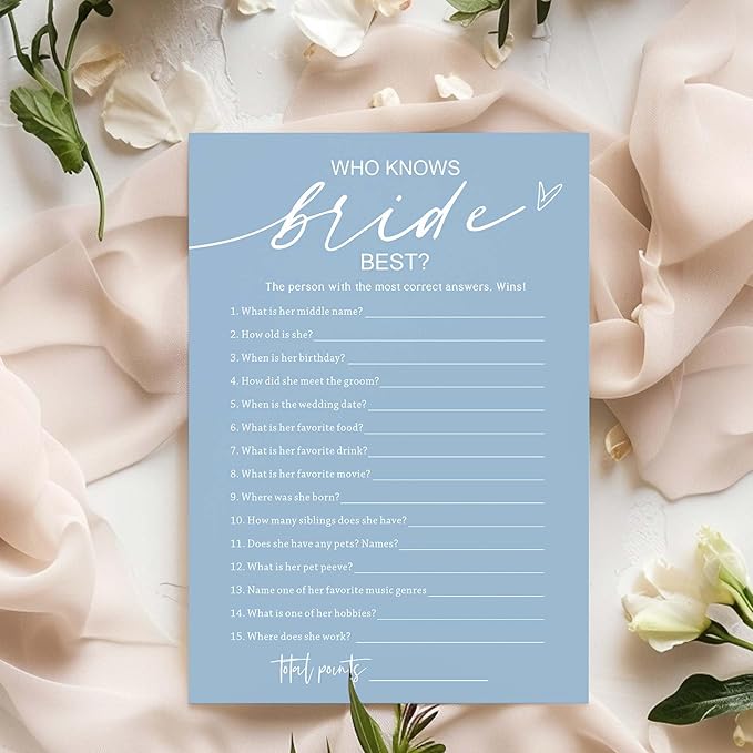 Bridal Shower Games Cards, Who Knows The Bride Best, 25 Guest Wedding Games, Minimalist Blue Wedding Party Supplies - B03