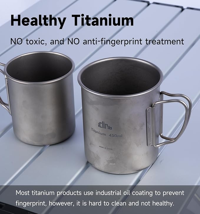 iClimb Titanium Cup Camping Coffee Mug Ultralight Compact with Foldable Handle (300ml)