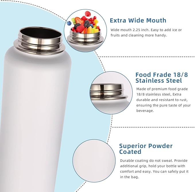 Volhoply Insulated Water Bottles Bulk 2 Pack, 40 oz Stainless Steel Sports Bottle with Paracord Handle & Spout Lid, Double Walled Vacuum Metal Water Cups, Reusable Big jug for Adults(White,2 Set)