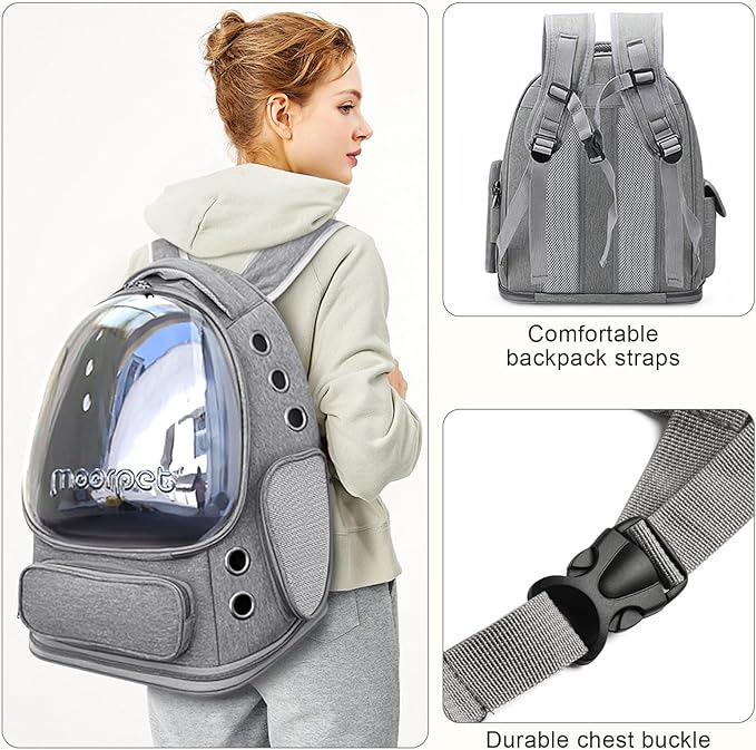 Cat Backpack Carrier, Breathable Cat Bubble Backpack Large Space Cat Carrier Backpack for Kitty Small Dog, Foldable Airline Approved Cats Backpack, Transparent Pet Travel Backpack Up to 20 lbs (Grey)