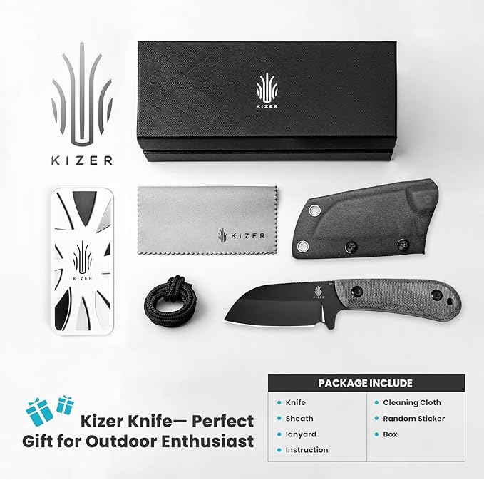 Kizer Deckhand Fixed Blade Hunting Knife with Sheath, D2 Blade Camping Knife G10+Micarta Handle Lightweight EDC Fixed Blade for Men Women, Knives for Hunting Survival 1062A2
