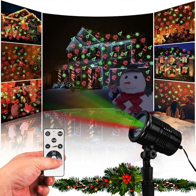 Christmas Laser Lights, Projector Lights Landscape Spotlight Red and Green Star Show with Christmas Decorative Patterns for Indoor Outdoor Garden Patio Wall