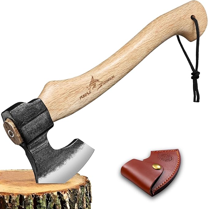 Purple Dragon Camping Hatchet Axe, 16 Inch Small Hand Hatchet with Wood Handle, Bushcraft Axe for Wood Splitting, Chopping & Carving, Outdoor Survival Tool with Sheath for Garden & Forest Use
