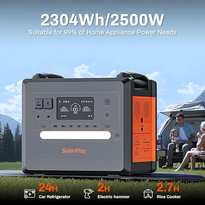 SolarPlay 2500W Portable Power Station, 2304Wh Large Capacity Solar Generator with 200W Solar Panel, BMS Emergency Power Station for Home Backup, Camping, Outdoor Battery Backup