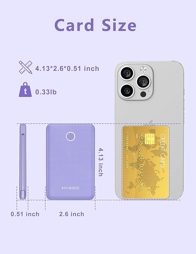 2-Pack 6000mah Ultra Slim Built in Cables Power Bank, Card Size Built in USB C Cords Battery Pack Portable Charger for Phones, 3 Output External Battery Pack Compatible with iPhone, White & Purple