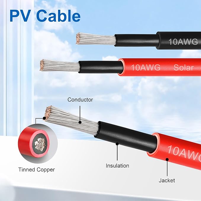 10 FT 10AWG Solar Panel Extension Cable,10 Gauge Extension Cord,5FT 10FT 20FT 30FT 50FT 100FT Solar Panel Wire with Extra Fair of Female and Male Connectors Solar Adapter for RV, Photovoltaic Systems