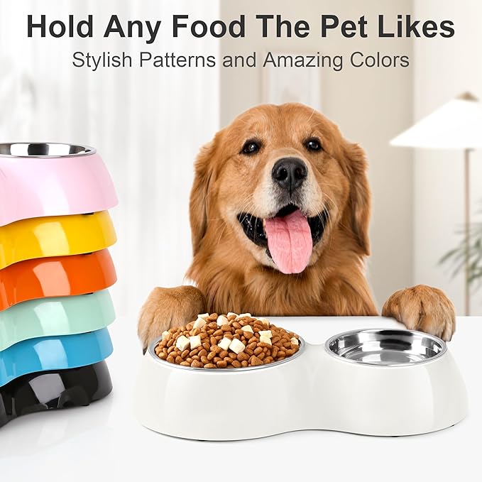 Double Dog Bowls Set ??Non-Slip Pet Food & Water Dishes with Resin Stand, Includes Small (1 Cup) & Medium (2 Cups) Bowls ??Ideal for Puppies, Cats, and Medium Dogs ??White