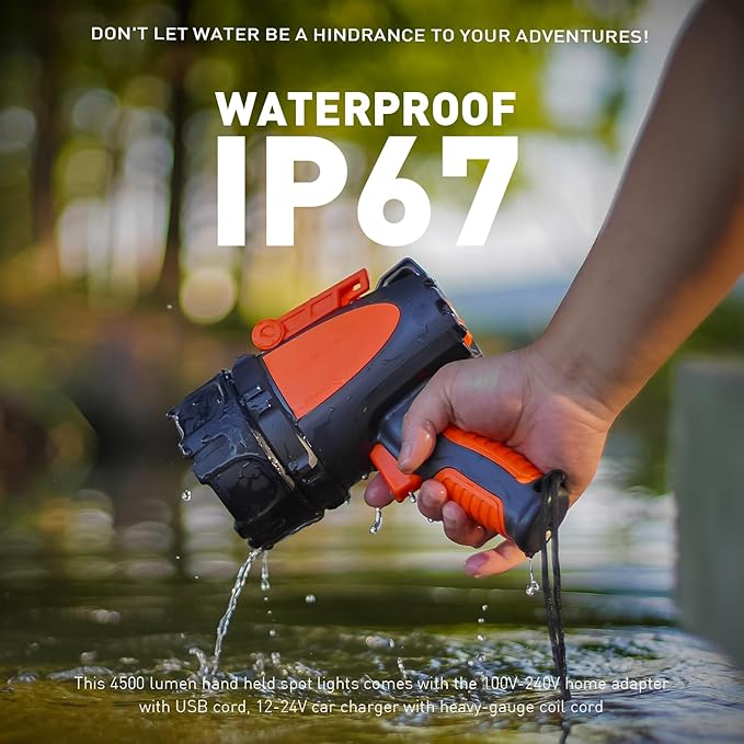 GOODSMANN Rechargeable Spotlight IP67 Waterproof Marine Spotlights up to 4500 Lumen Handheld Light LED Searchlight with EVA Storage Carrying Case and USB Charger for Hiking, Boating, Hunting, Camping
