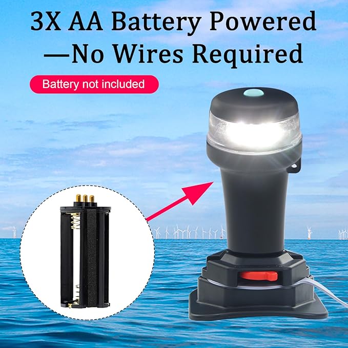 Kayak Battery Portable Navigation LED Lights Multi- Adaptors 3AA Battery Inflatable Boat Surface Mount Adhesive Base (White (With Fixed Base))