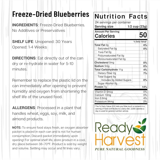 Ready Harvest Freeze-dried Blueberries | Blueberries Freeze-dried Fruit | Healthy Trail Mix | Camping food, School Emergency Food Supply 30 years | #10 Can 6 Cans