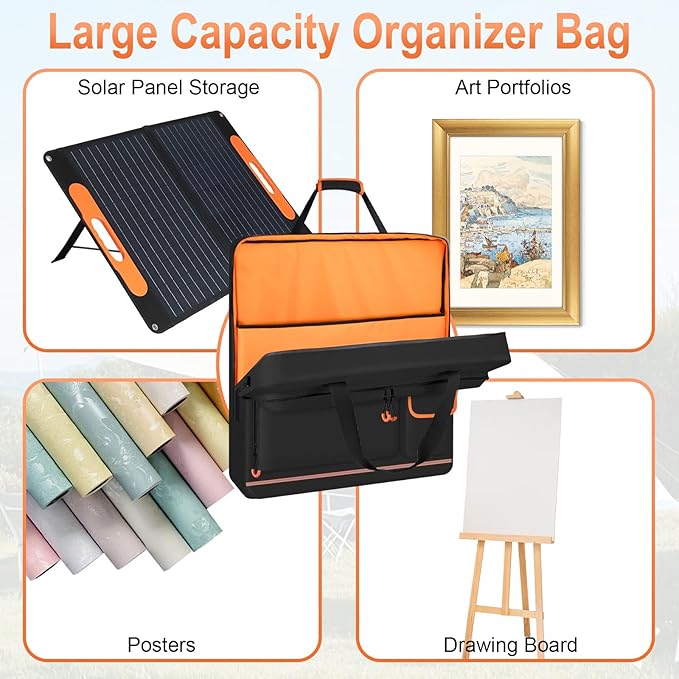 Solar Panel Storage Bag with Orange Lining, Deepened Opening, Zipper with Pull and Multi-Accessory Space Solar Panel Travel Carrying Case Fit for Jackery SolarSaga 100W 100X 200W, Black
