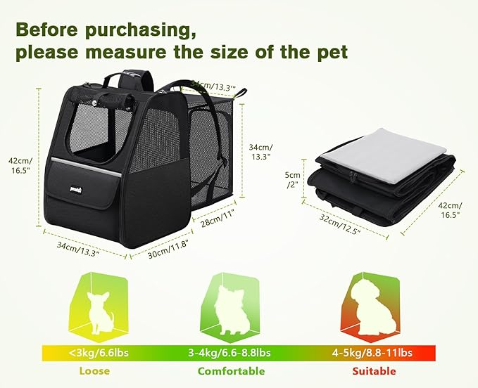 Pecute Cat Backpack Carrier, Expandable Cat Backpack for Cats Dogs up to 11 lbs, Pet Travel Backpack for Small Dogs Medium Cats, Cat Carrier with Ventilated Mesh, Safety Leash, Hiking Outdoor, Black