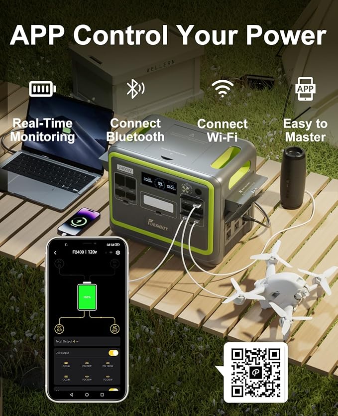 FOSSiBOT F2400 Portable Power Station,upgraded (4800W Peak) generador eléctrico portátil 2048Wh LiFePO4 Battery Solar Generator with 1100W AC,APP Control,1.5H Fast Charging for Home,Camping,RV