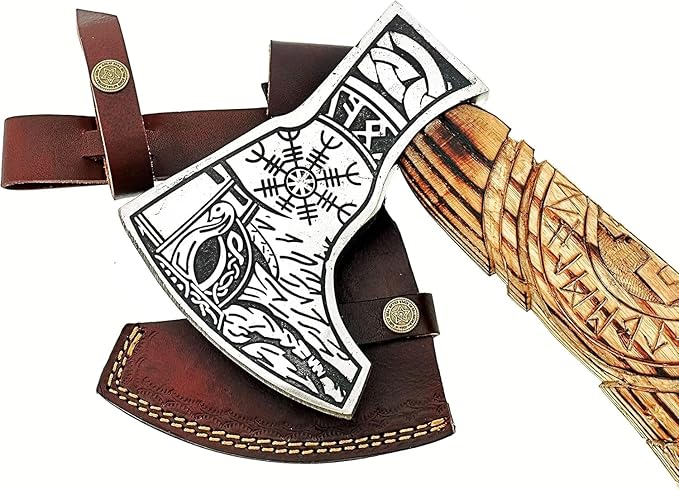 AX-7000 Custom Gift Forged Carbon Steel Viking Axe with Rose Wood Shaft, Viking Bearded Camping Axe (AX-7000) (AX-7000)