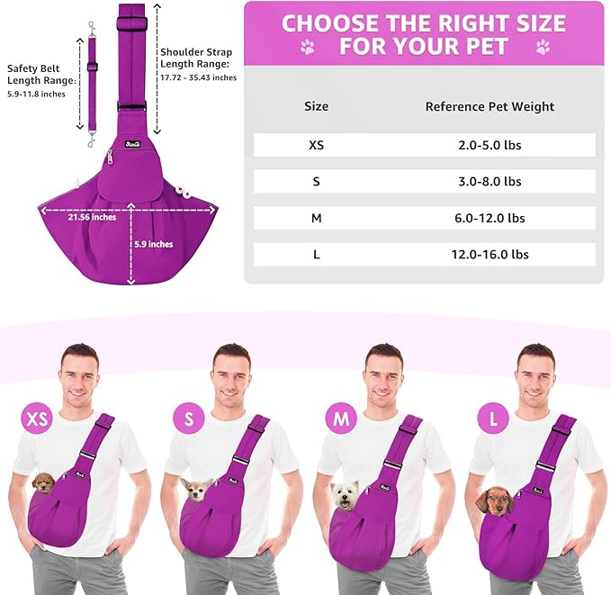 SlowTon Dog Carrier Sling - Thick Padded Shoulder Strap Adjustable Dog Carriers for Small Dogs, Puppy Carrier Purse for Pet Cat with Front Zipper Pocket Safety Belt Machine Washable (Fuchsia M)