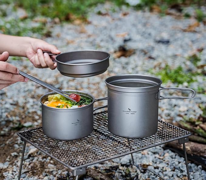 iBasingo Titanium Pot Pan Set with Folding Handle - Ultralight Portable Outdoor Cookware Mess Kit for Camping, Picnic, Travel & Backpacking (1080ml Soup Pot, 900ml Cup, 500ml Frying Pan)