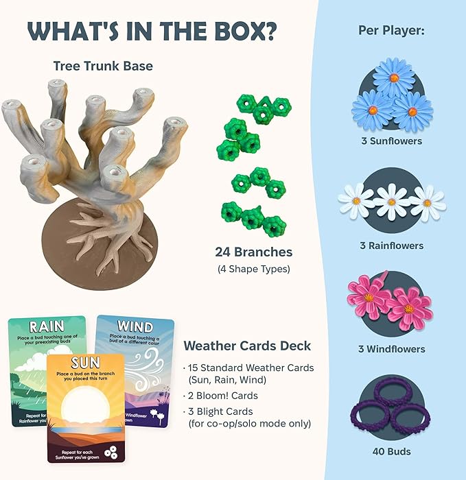 Bloomchasers 3D Flower Stacking Tree Building Board Game for Families and Adults, Light Strategy, Beautiful, Fun & Competitive, Base Game + Expansion, 1-6 Players, Age 12+