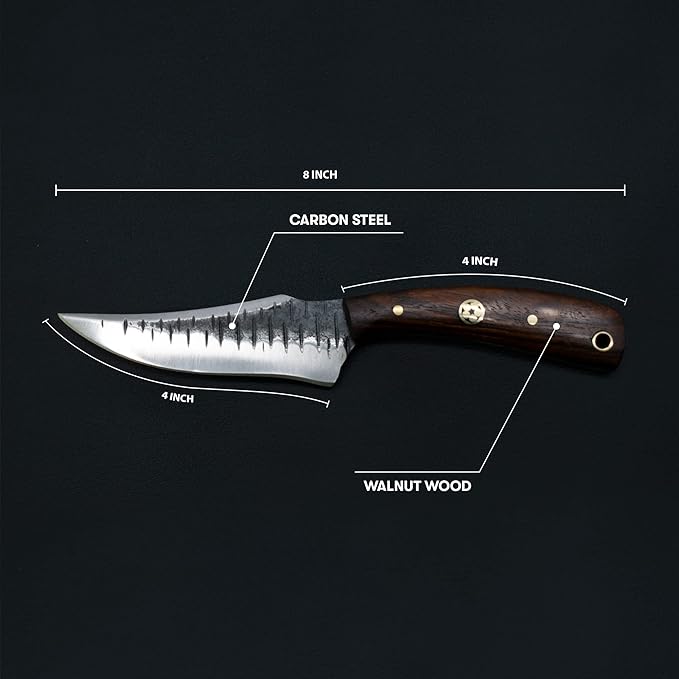 Titan International Knives Handmade Skinning Knife Carbon 1080 Steel | Fixed Blade Knife Color Coated Hand Pounded |Walnut Wood Handle with Leather Sheath | Perfect for Camping and Outdoor Activities
