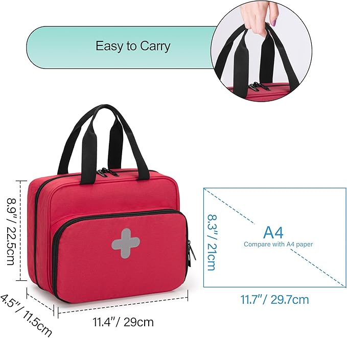 CURMIO Medical Storage Bag, Empty Emergency Kit Bag with Multiple Pockets, Portable First Aid Kit for Home Health Care Supplies, Travel, Camping, Red, Bag Only