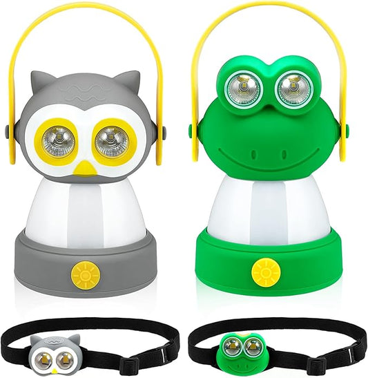 VIHOSE 2 Set Animal LED Camping Lantern and Headlamp 4 Pcs Animal Themed Camping Equipment Room Nightlight Battery Powered Night Light for Emergency, Hurricane, Lightweight Tent Lamp