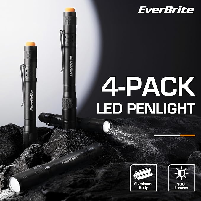 EverBrite Pen Light, 100LM Pocket Flashlights, Aluminum LED Pen Flashlights with Clip, 8 AAA Batteries Included, Pocket Flashlight for Camping, Emergency, Mechanic, Pack of 4, Black