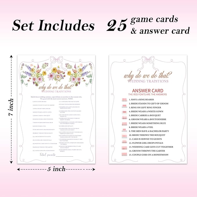 Why Do We Do That? Bridal Shower Games, Wildflower Pink Bow Games Card for Wedding Reception, Bridal Shower, Engagement, Bachelorette Party Activity Decorations (25 Pack) -A02
