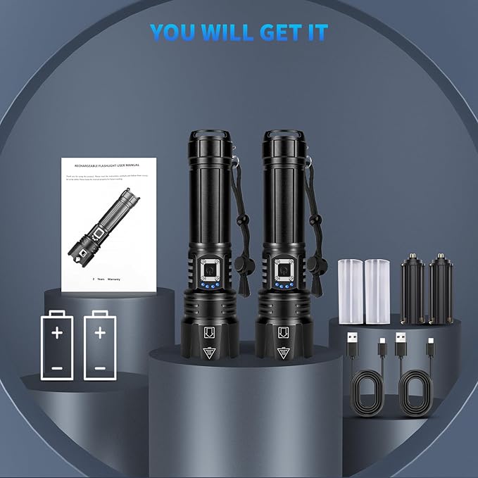 Rechargeable Flashlights High Lumens, 99000 Lumen Super Bright Led Flashlight with 5 Modes & 12H Long Runtime, Powerful Handheld Flash Light for Home Camping, IPX7 Waterproof 2Pack Flashlights